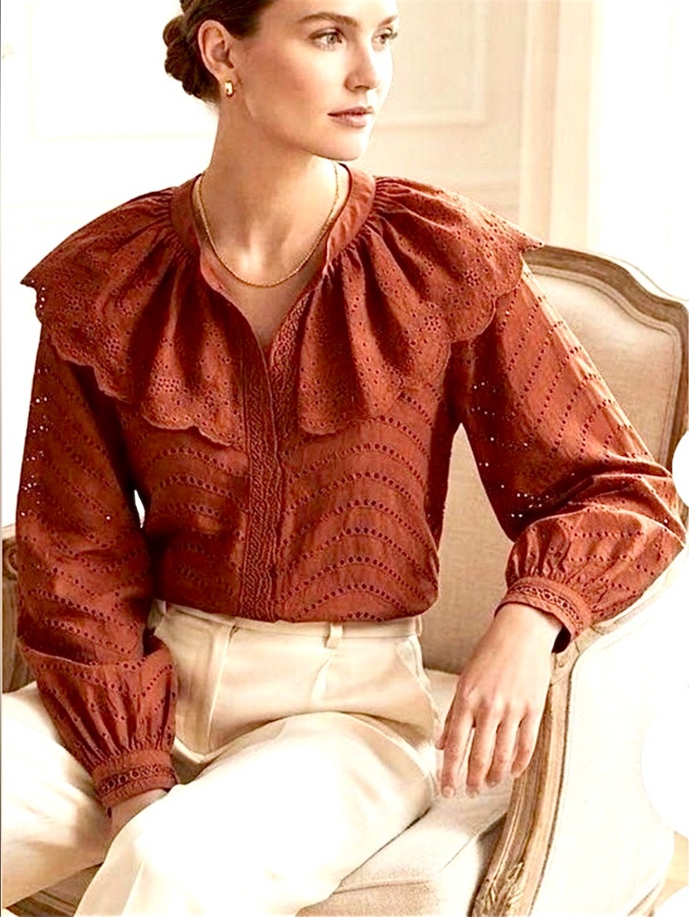 Caroline Constas Boho cotton eyelet lace ruffled long sleeve blouse RUST size M
